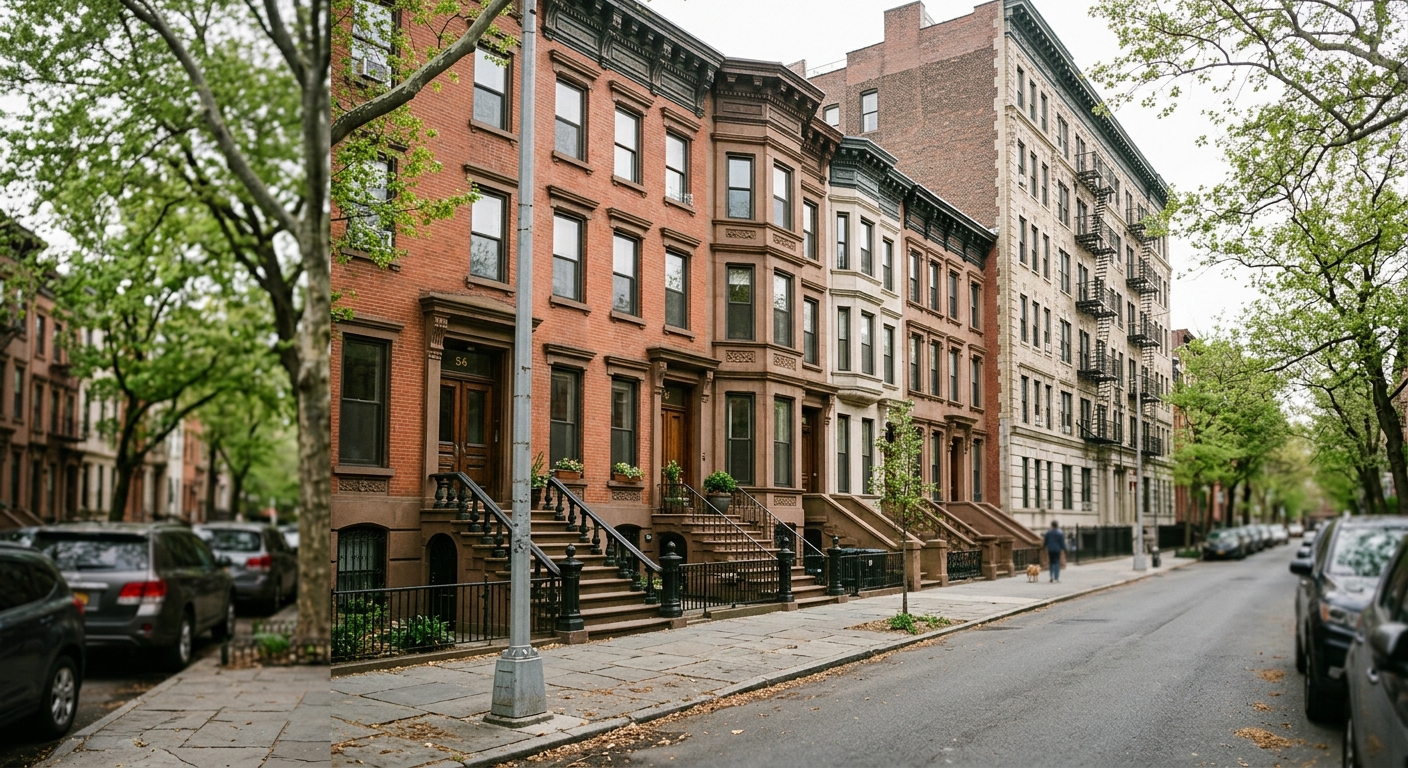 Row of New York City apartment buildings and brownstones on a residential street