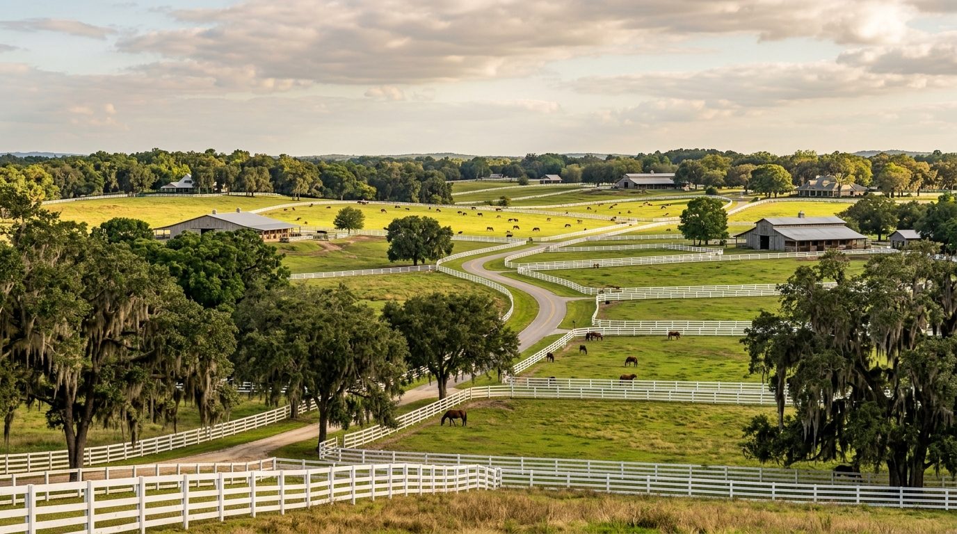 Ocala, FL — Rolling horse farms in Ocala, Florida, with white plank fencing, oak trees draped in Spanish moss, and rural