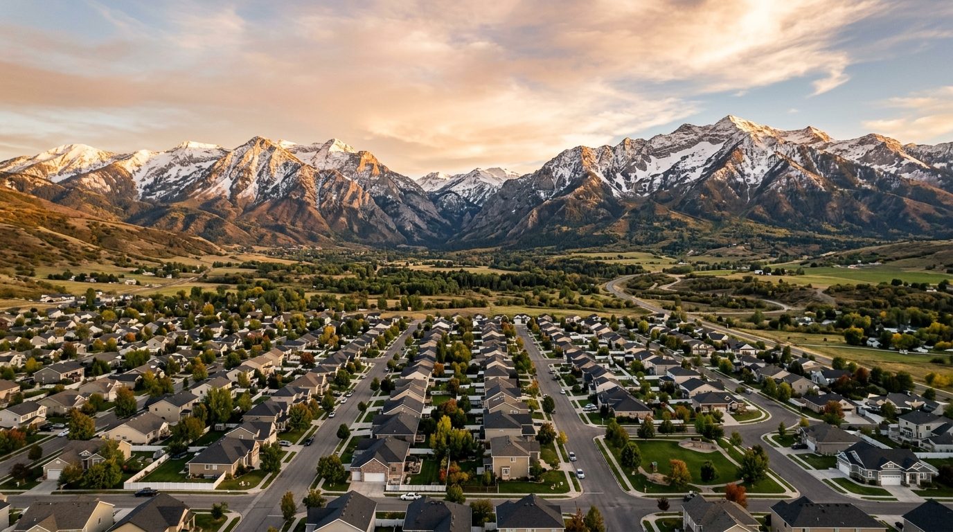 Ogden, UT — Ogden valley at with a grid of suburban rooftops and tree-lined streets