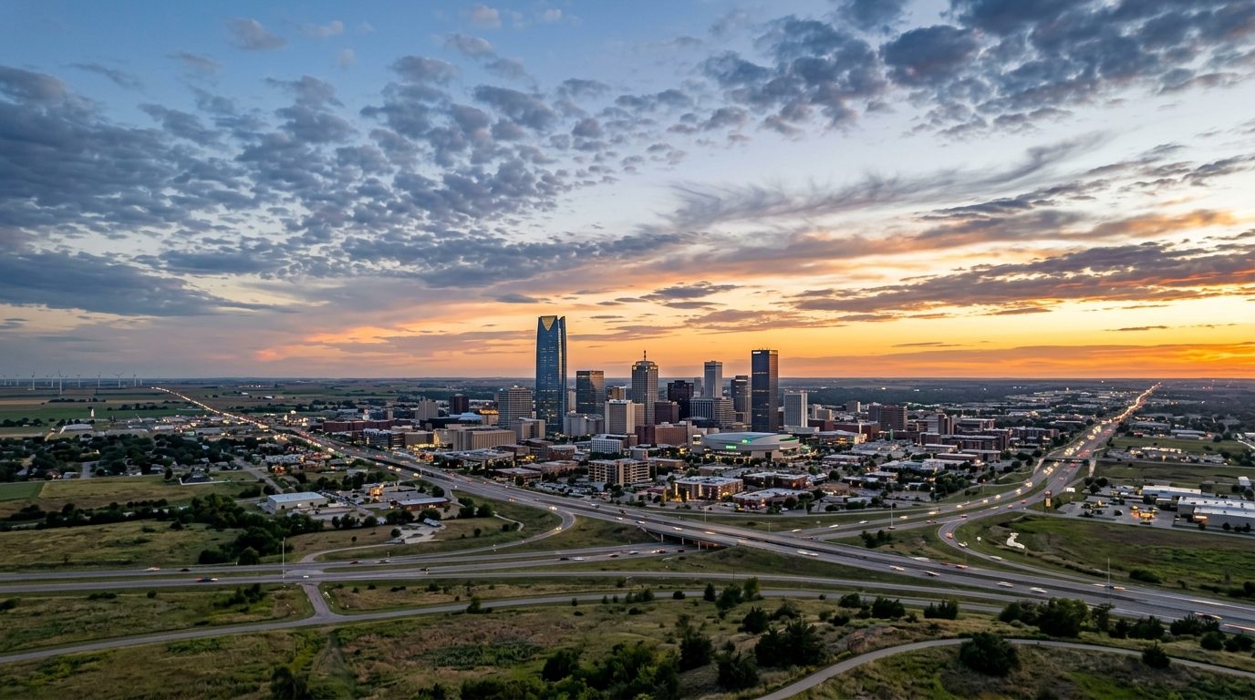 Oklahoma City, OK — A wide photorealistic panorama of downtown Oklahoma City and the surrounding plains beneath a dramatic but clear evening