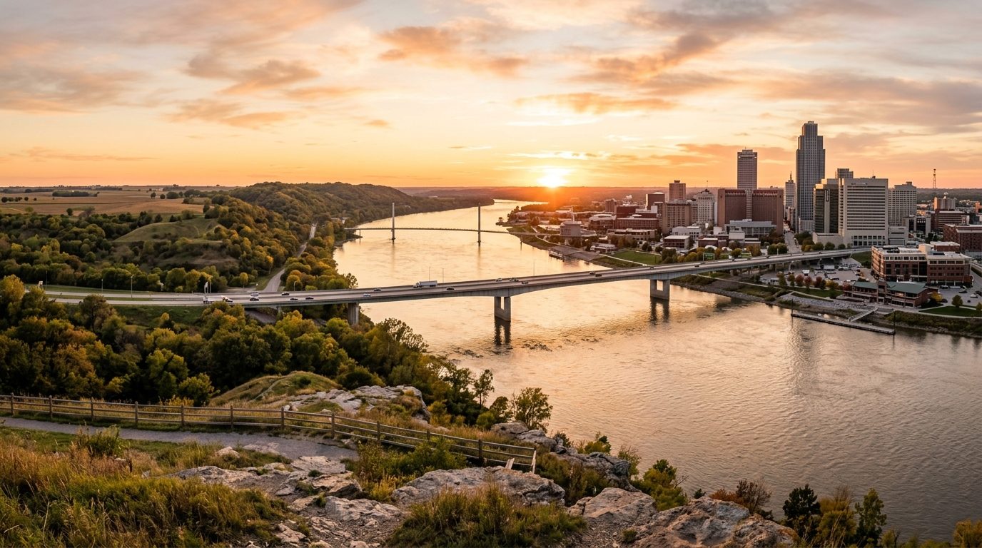 Omaha, NE — Missouri River with the Omaha skyline on one bank and Council Bluffs