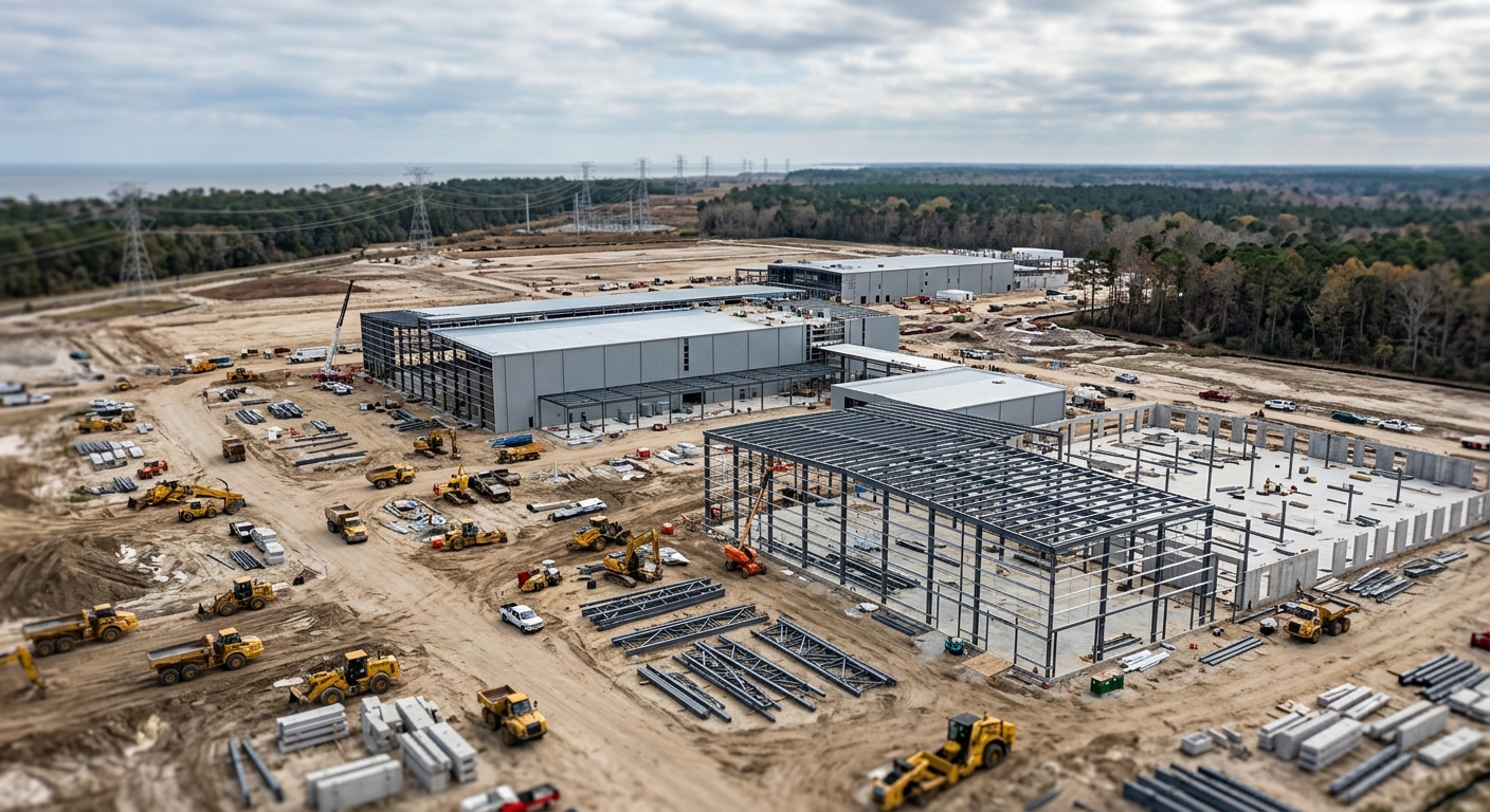 Aerial view of a large data center campus under construction on cleared industrial land with heavy equipment and steel framing visible.