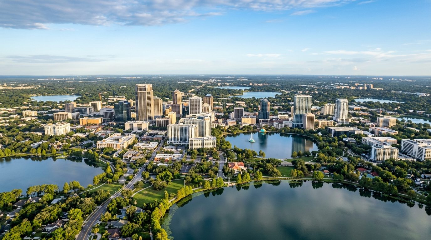Orlando, FL — A wide photorealistic view of downtown Orlando, surrounding lakes and the Central Florida skyline in clear early-morning