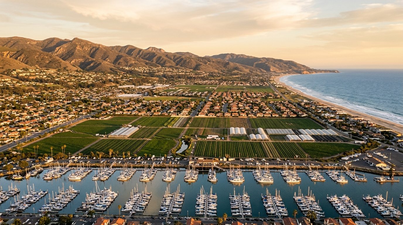 Oxnard, CA — Southern California coastal plain at with a harbor lined by boats