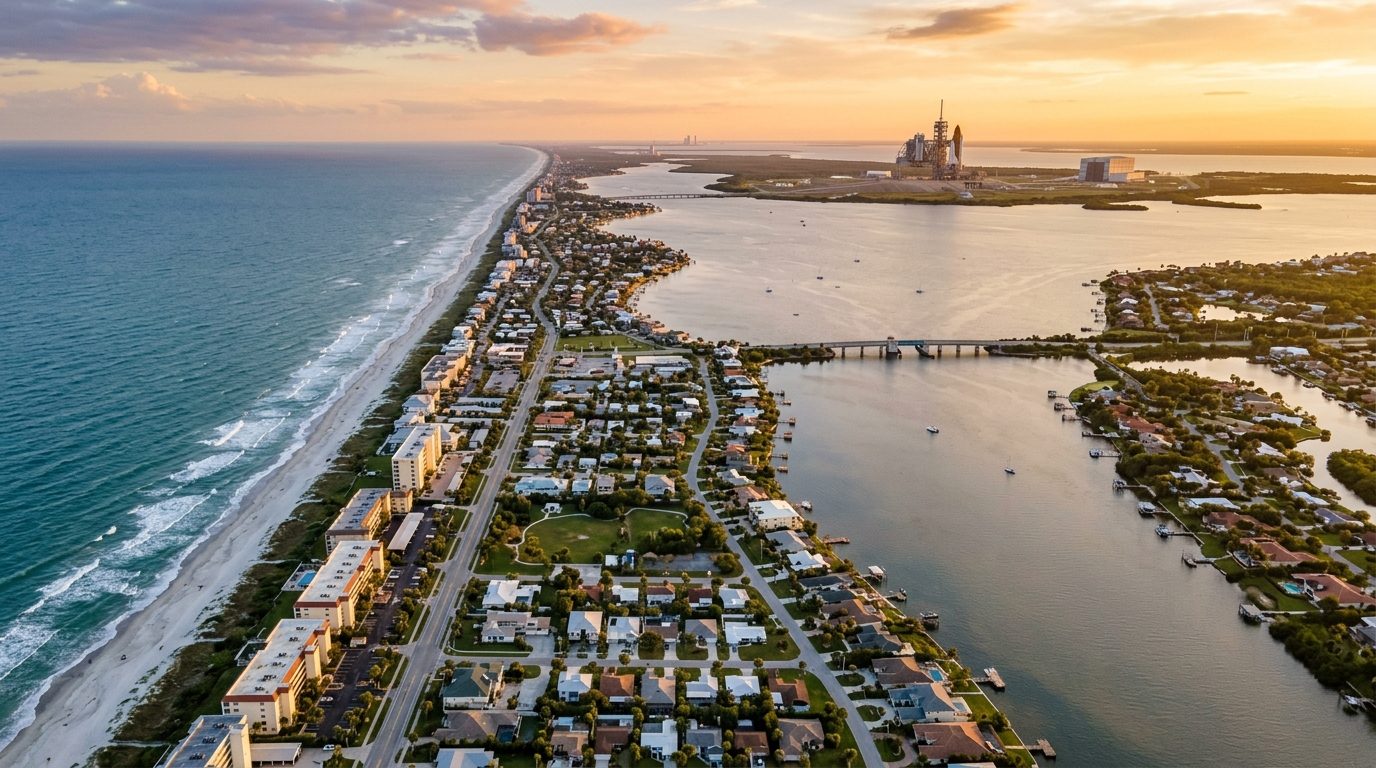 Palm Bay, FL — Florida's Space Coast at showing a narrow barrier island beach town