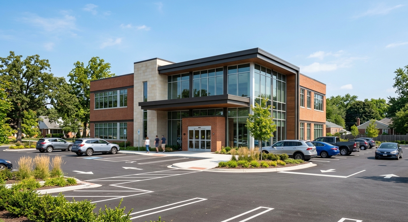 The exterior of a modern suburban mortgage lending office building at midday.