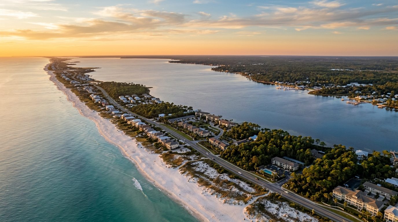 Pensacola, FL — Gulf Coast bay at with a barrier island beach, turquoise water, and pine-and-oak coastline stretching into