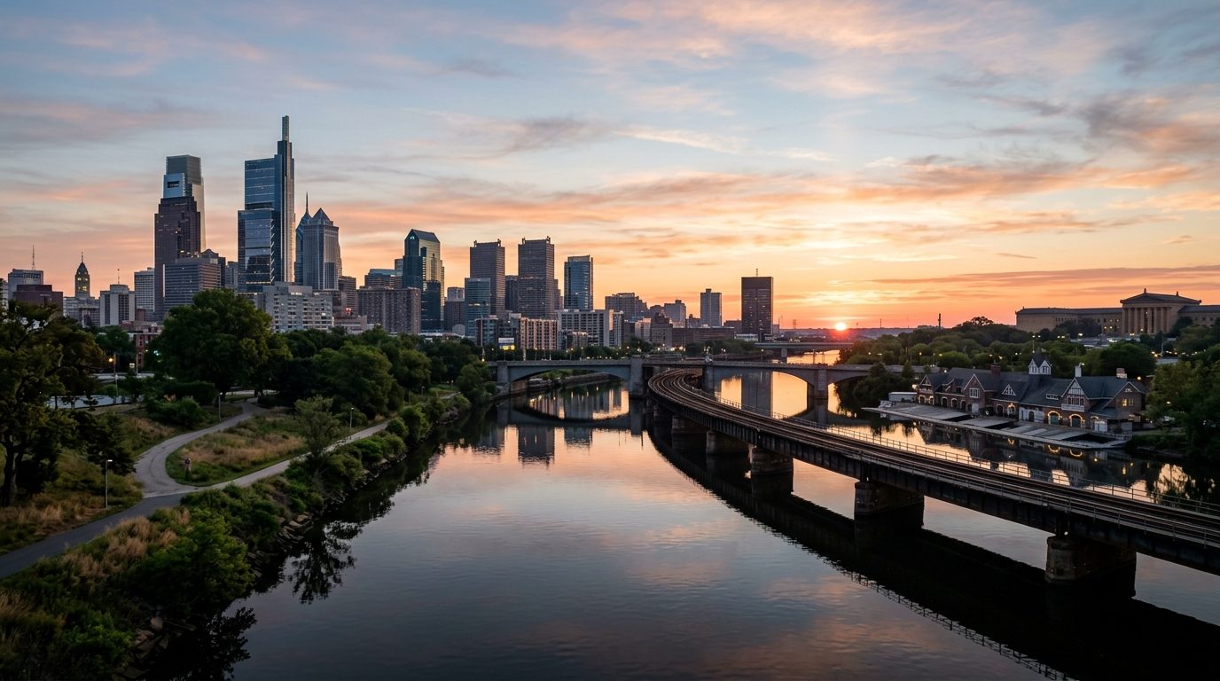 Philadelphia, PA — A wide photorealistic view of the Philadelphia skyline and Schuylkill River at dawn, with historic and modern architectu