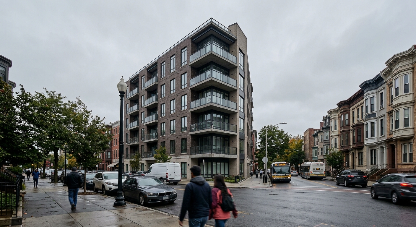 The exterior of a multi-story apartment building on a city street with rowhomes nearby.