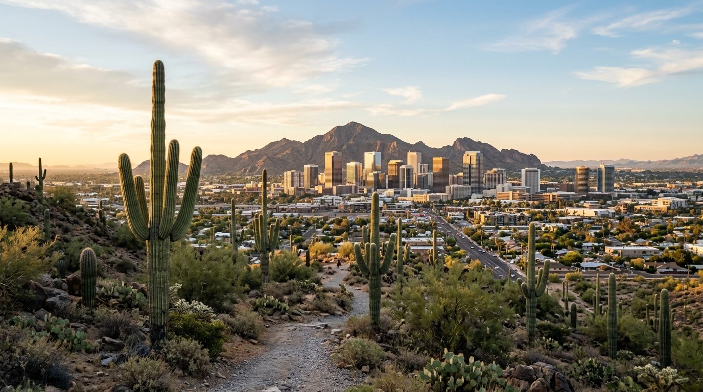 Phoenix, AZ — A wide desert-city photograph showing the downtown Phoenix skyline against Camelback Mountain at warm early-morning ligh