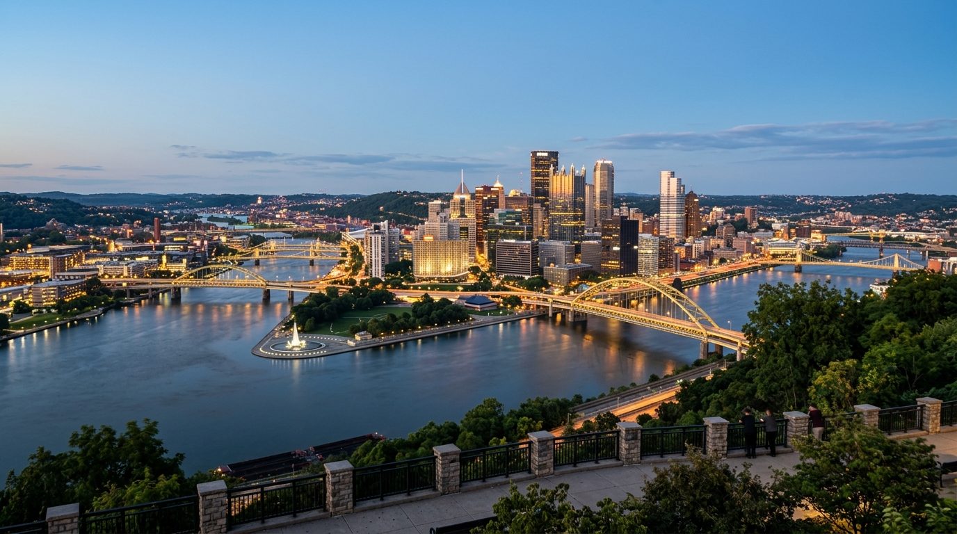 Pittsburgh, PA — A wide photorealistic view from Mount Washington showing downtown Pittsburgh, its three rivers and bridges beneath clear