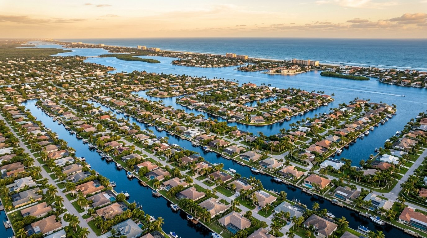 Port St. Lucie, FL — Flat Florida coastal landscape with a grid of canal-front homes, palm trees, and a wide blue lagoon leading