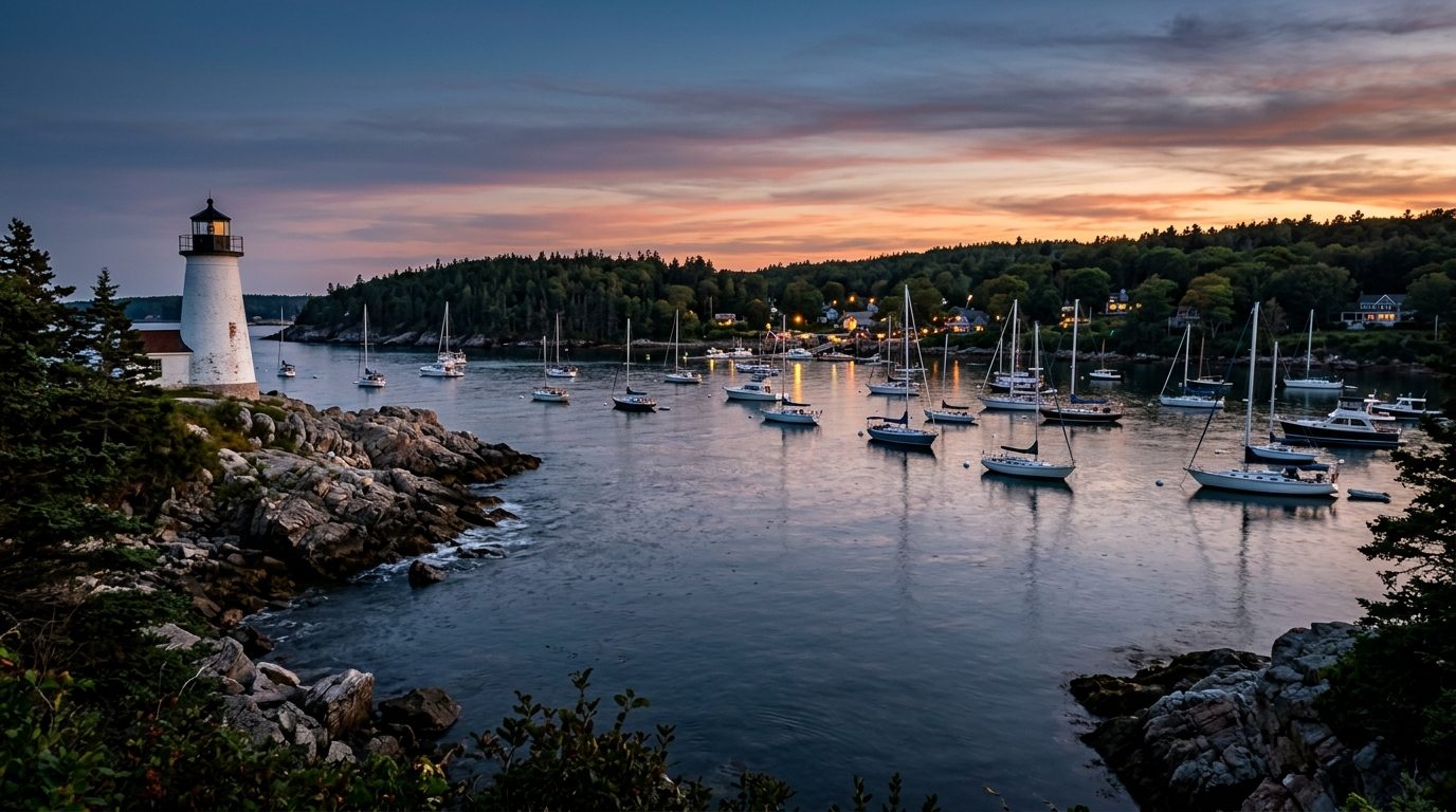 Portland, ME — New England coastal harbor at dusk, with a lighthouse on a rocky point, sailboats at anchor, and forested