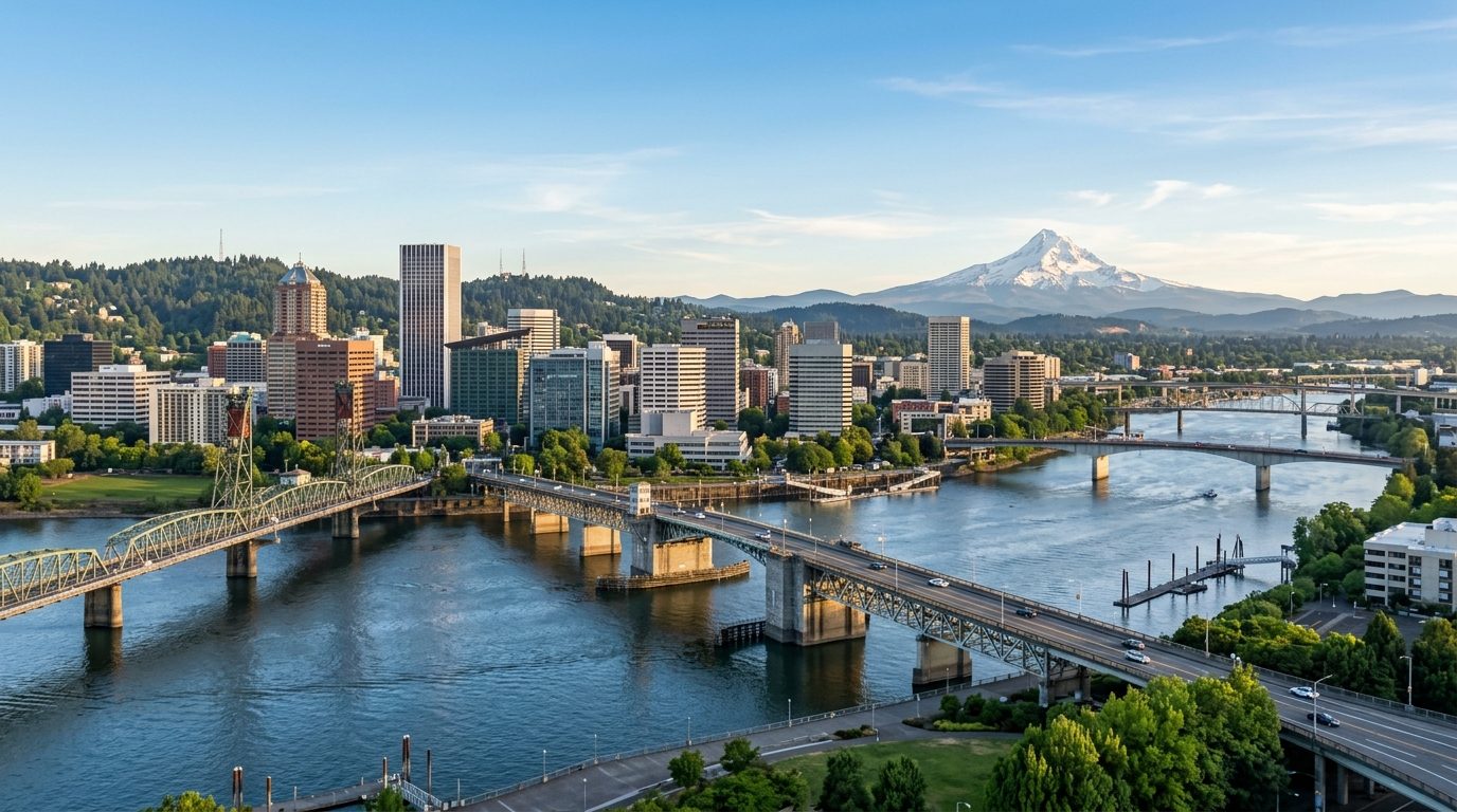Portland, OR — A wide photorealistic panorama of downtown Portland, the Willamette River, bridges and Mount Hood beneath clear morning