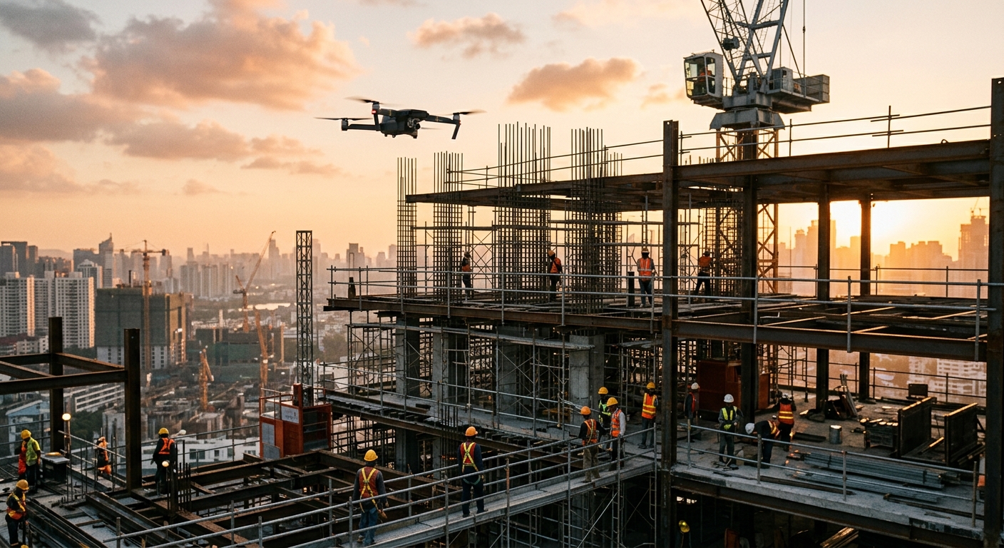 A drone flies above a construction site at dusk, capturing aerial imagery of steel framework and scaffolding.