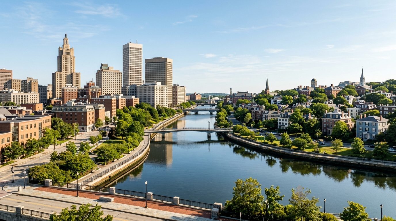 Providence, RI — A wide photorealistic view of downtown Providence, the Providence River and historic East Side architecture under clear