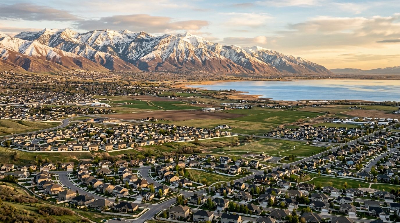 Provo, UT — Utah Valley at showing suburban neighborhoods and farmland spreading toward