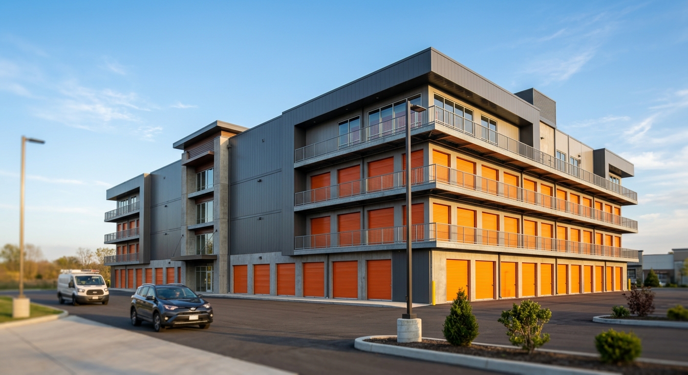 Exterior of a modern multi-story self-storage facility building under a clear afternoon sky.