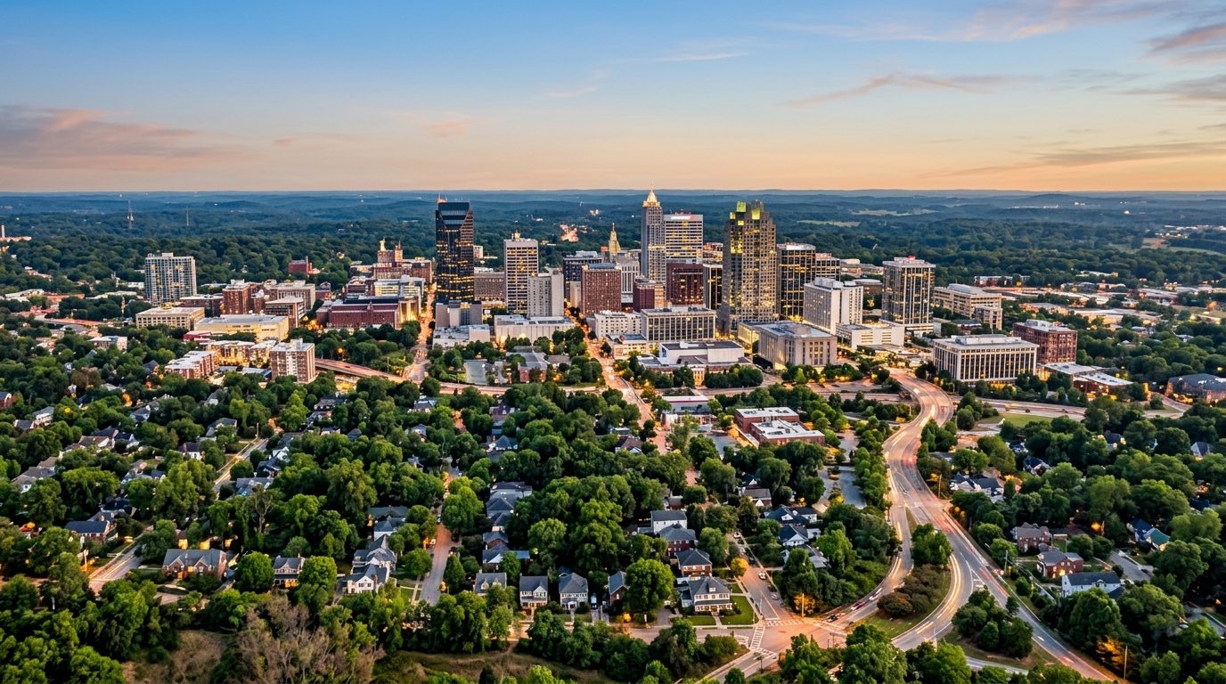 Raleigh, NC — A wide photorealistic panorama of downtown Raleigh, its tree-lined neighborhoods and the surrounding Piedmont landscape