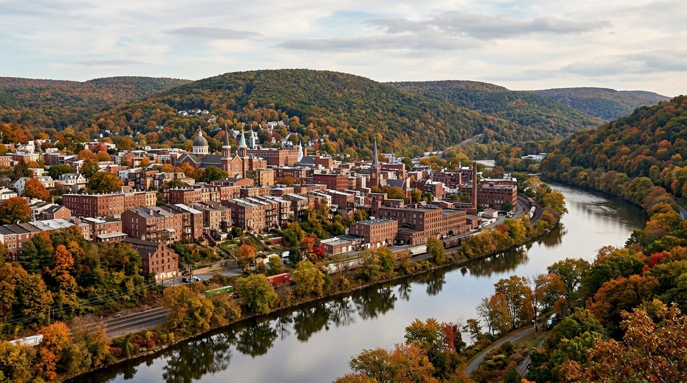 Reading, PA — Schuylkill River Valley near Reading, Pennsylvania, with a historic brick rowhome skyline set against wooded