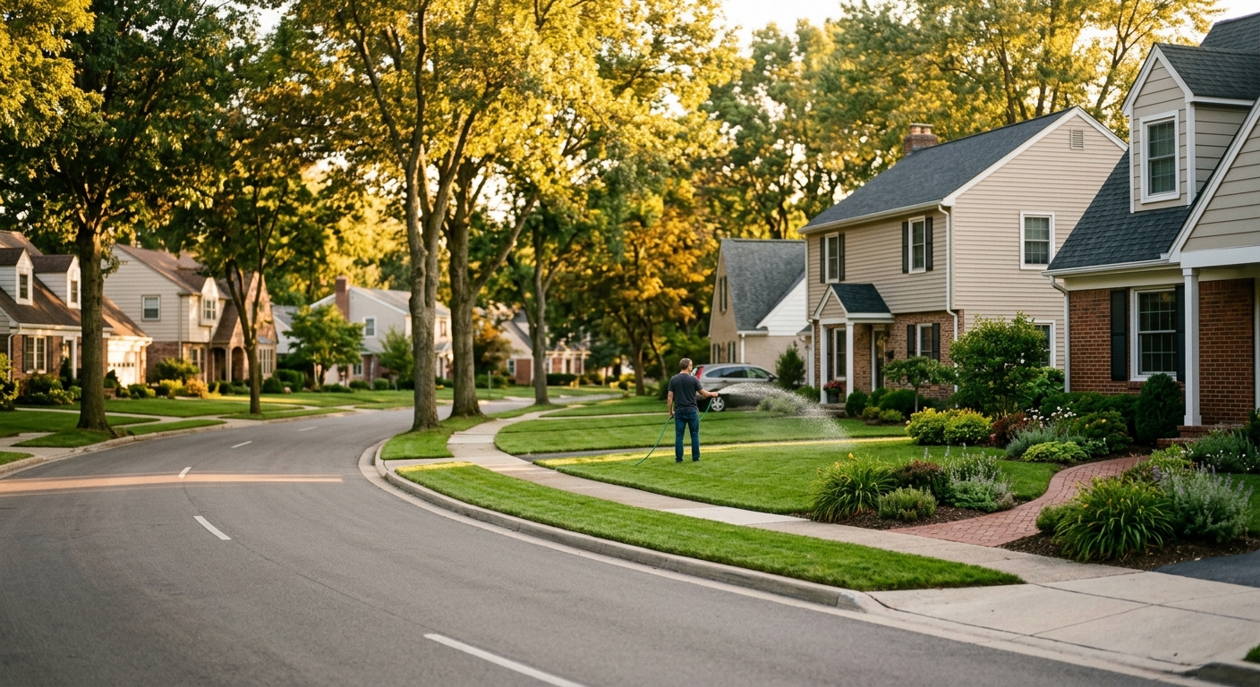 A suburban street of single-family homes at golden hour.