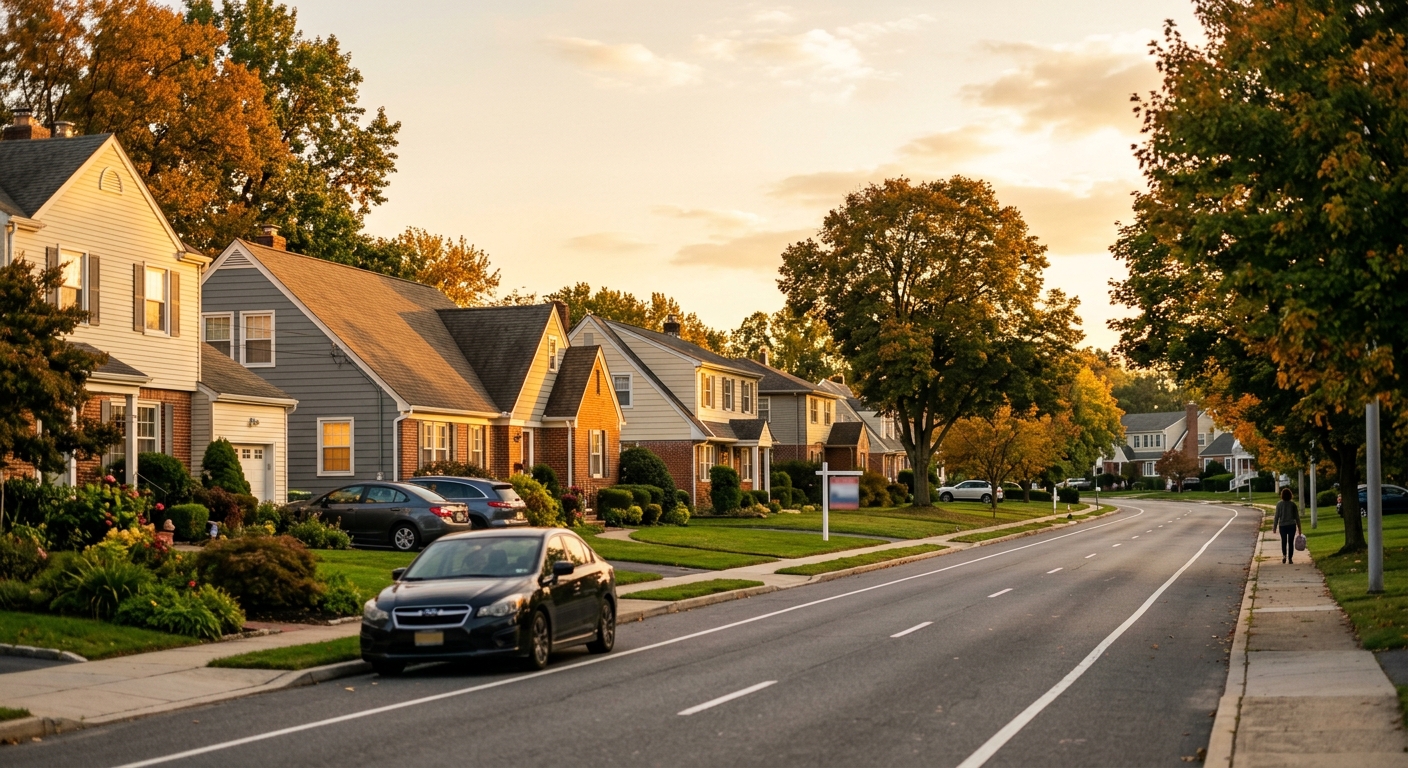 A suburban residential street lined with single-family homes at golden hour.