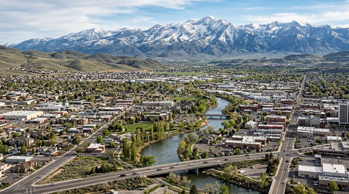 Reno, NV — High desert valley city ringed by snow-dusted Sierra Nevada peaks, with a river winding through low-rise