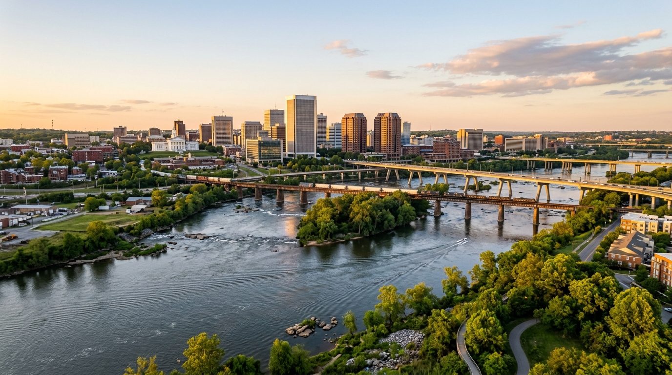 Richmond, VA — A wide photorealistic panorama of downtown Richmond, the James River and its bridges beneath clear golden-hour light, wi