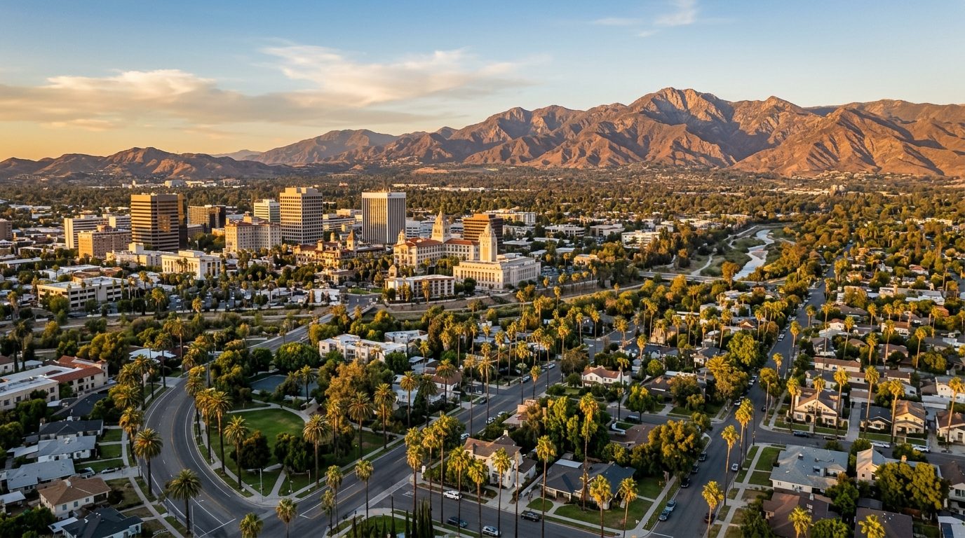 Riverside, CA — A wide photorealistic landscape showing Riverside's downtown, palm-lined neighborhoods and the San Bernardino Mountains