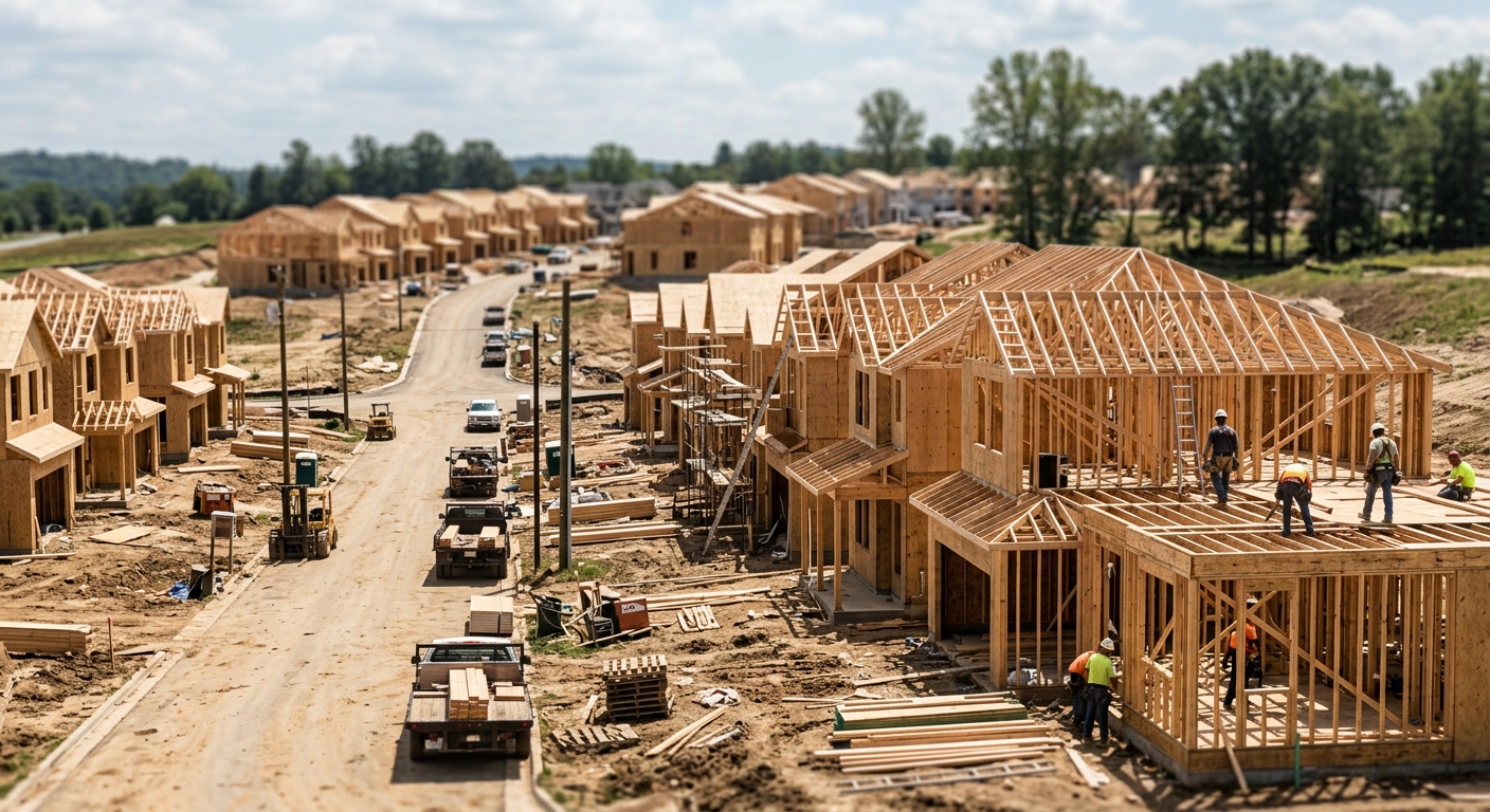 New homes under construction at a suburban housing development