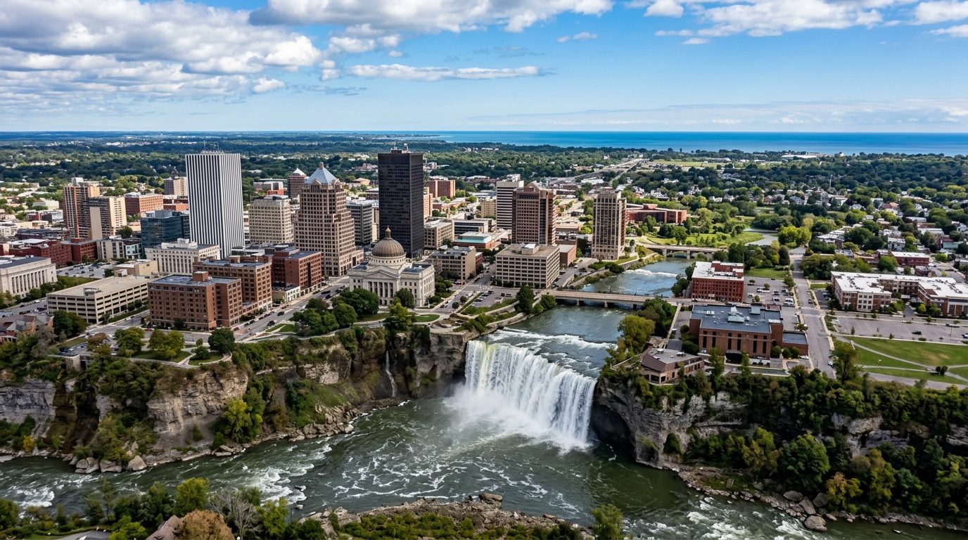 Rochester, NY — Genesee River's High Falls cascading through downtown Rochester with the city