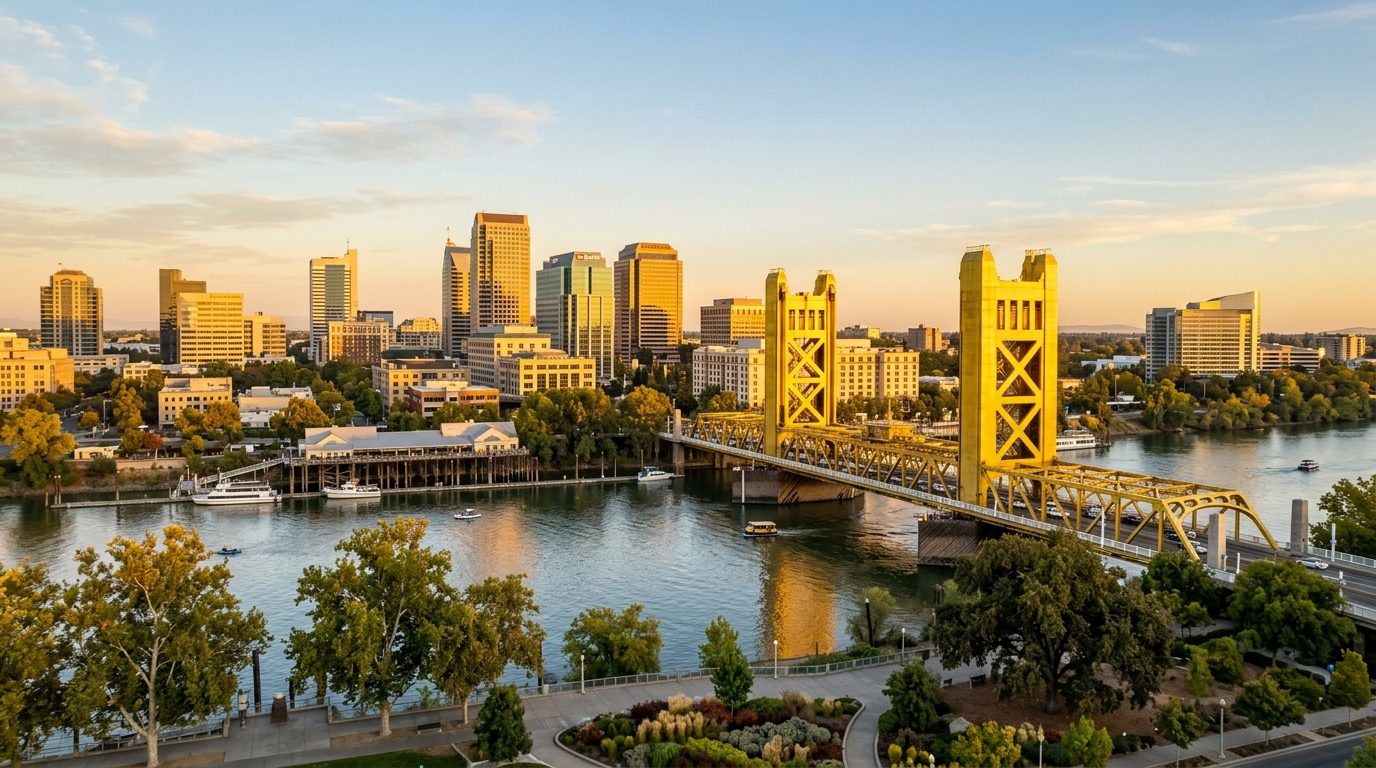Sacramento, CA — A wide photorealistic view of downtown Sacramento, the Tower Bridge and the Sacramento River beneath clear golden-hour l