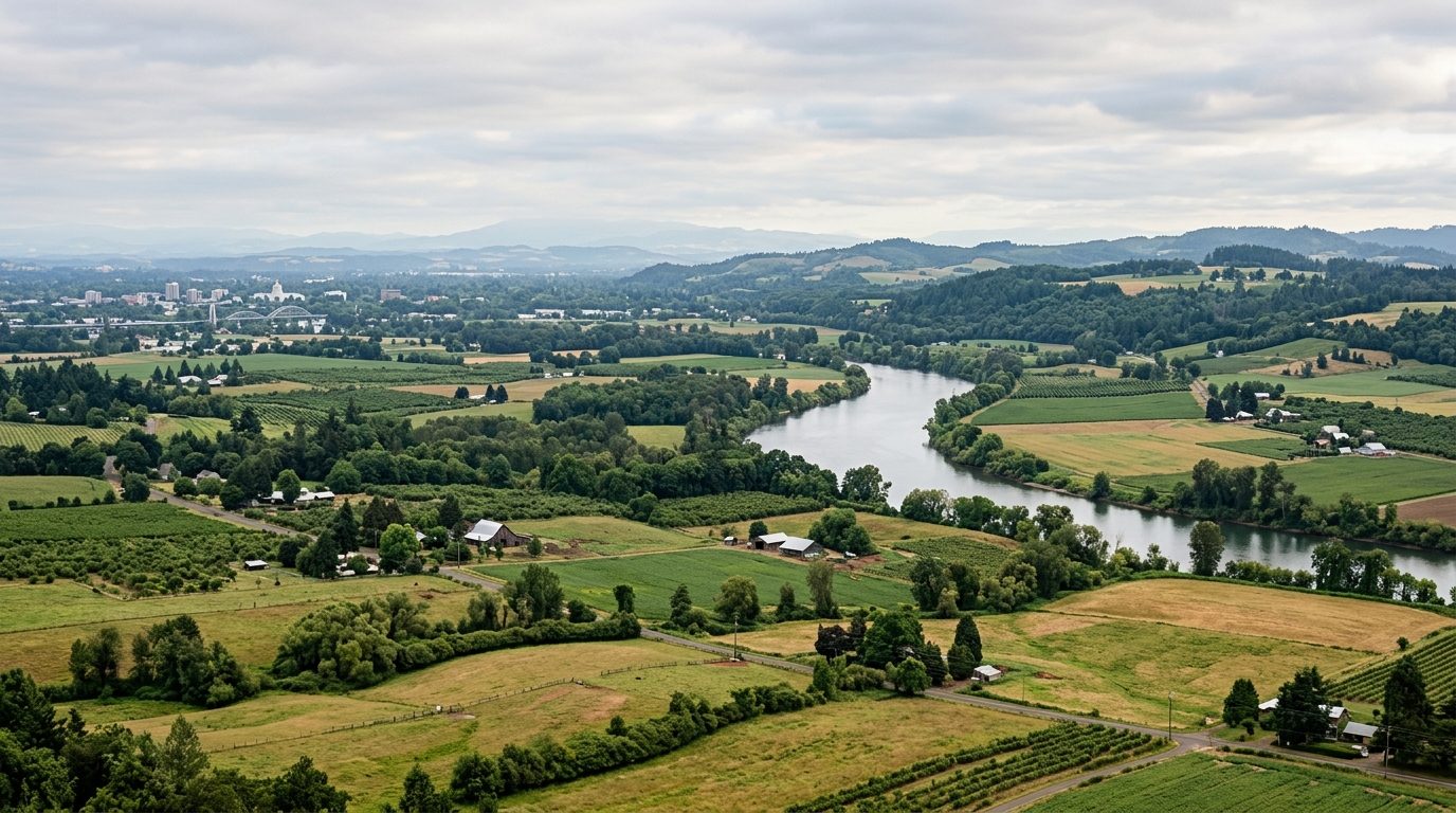 Salem, OR — Willamette Valley near Salem, Oregon, with the Willamette River winding through farmland and rolling hills
