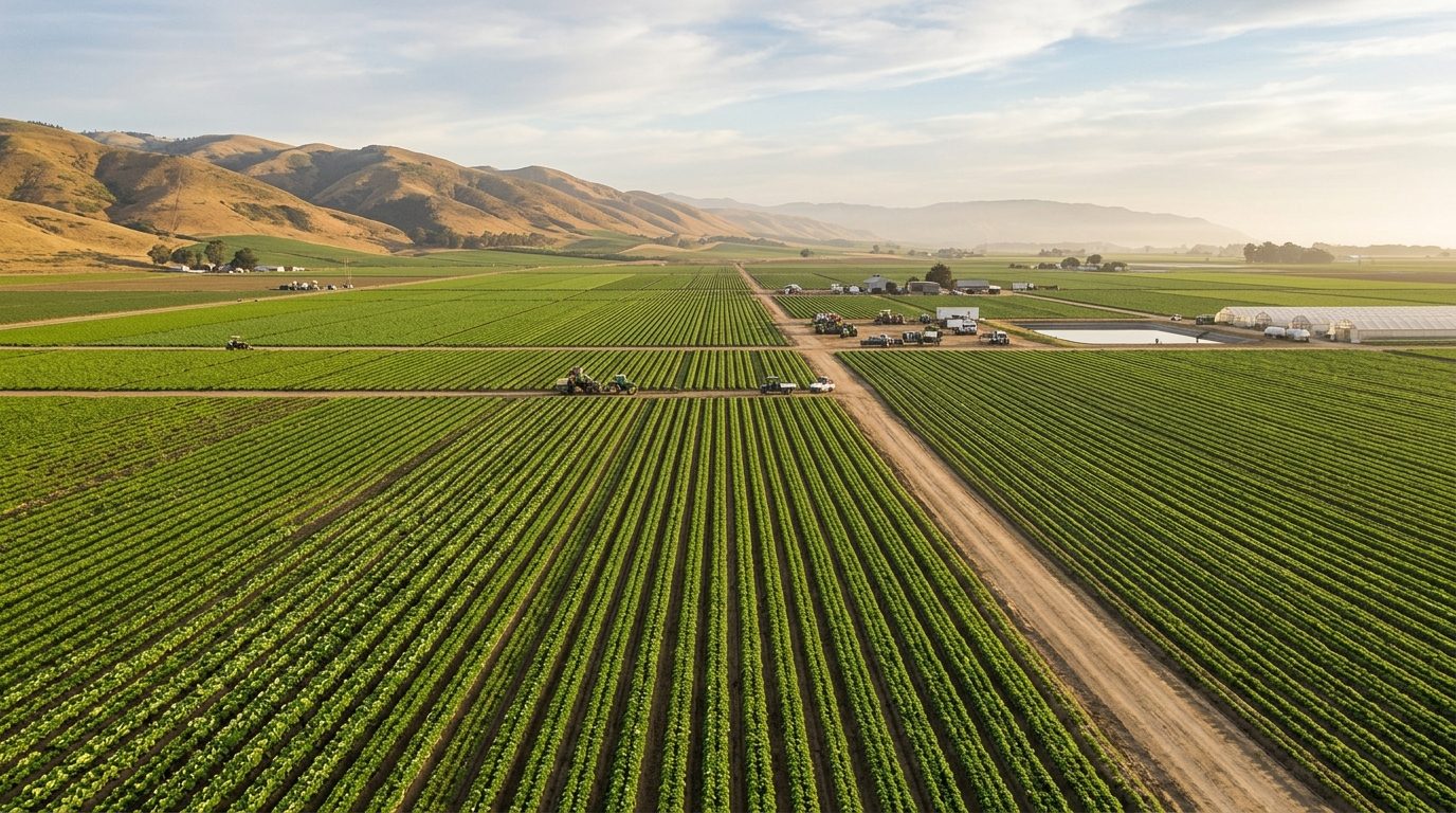 Salinas, CA — Salinas Valley farmland in California with neat rows of crops stretching toward golden coastal hills under a