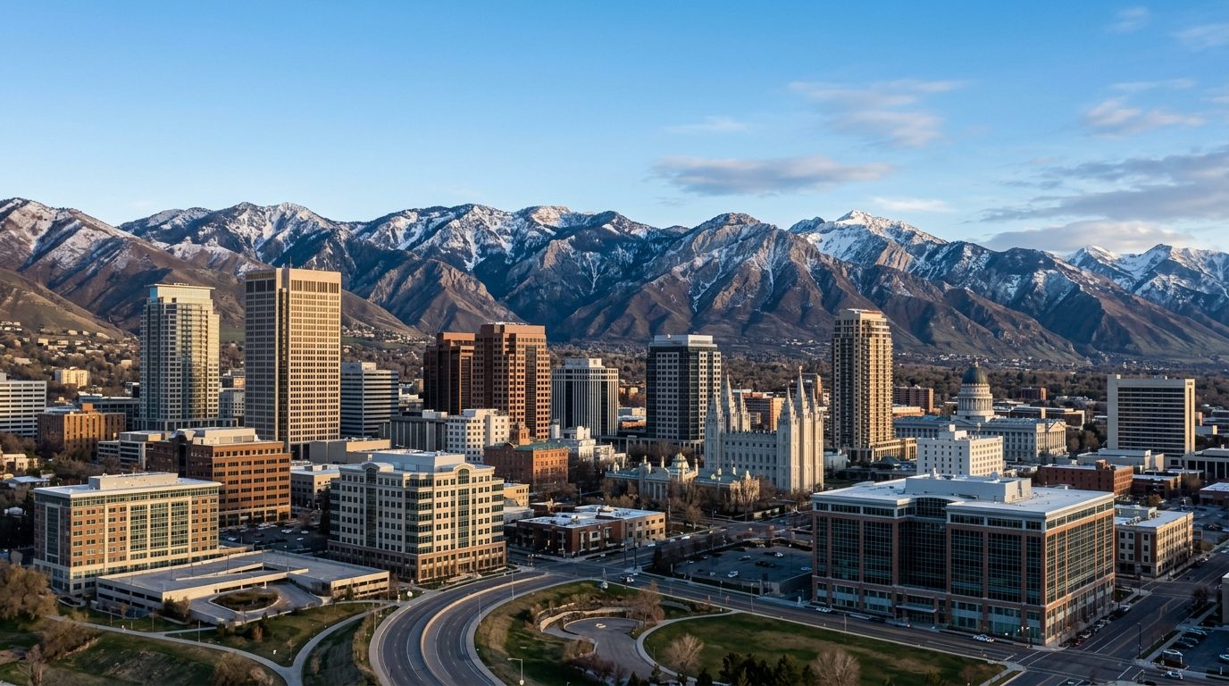 Salt Lake City, UT — A wide photorealistic panorama of downtown Salt Lake City and the Wasatch Mountains beneath clear early-morning light, w
