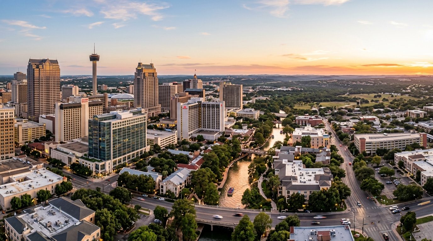 San Antonio, TX — A wide photorealistic cityscape showing downtown San Antonio, the River Walk corridor and the surrounding Texas landscap