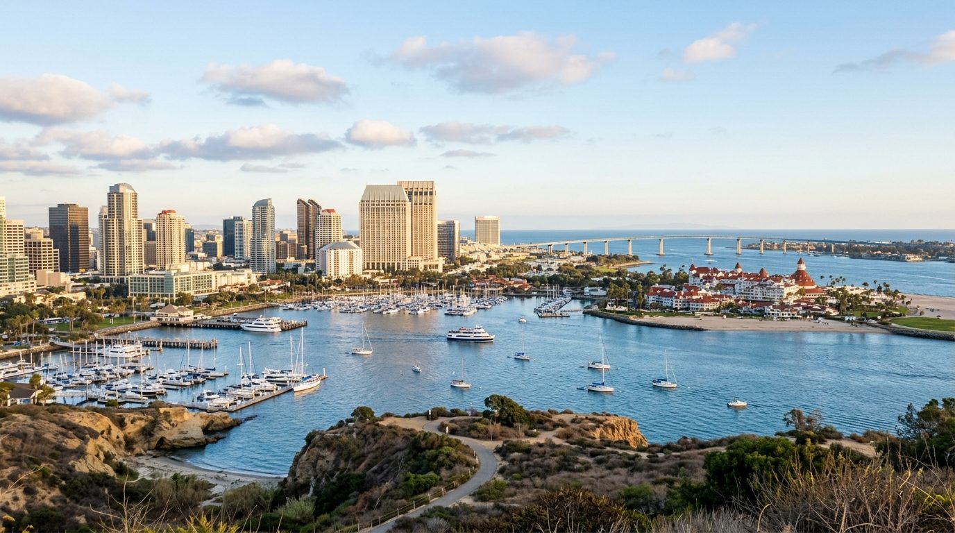San Diego, CA — A wide photorealistic coastal view of the San Diego skyline, harbor and Coronado peninsula in clear late-afternoon light