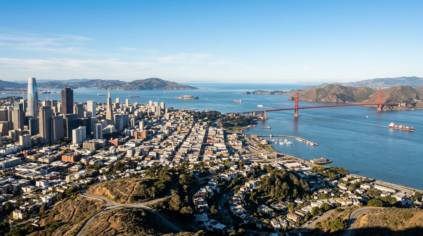 San Francisco, CA — A wide photorealistic view of the San Francisco skyline, bay, Golden Gate Bridge and East Bay hills under clear morning