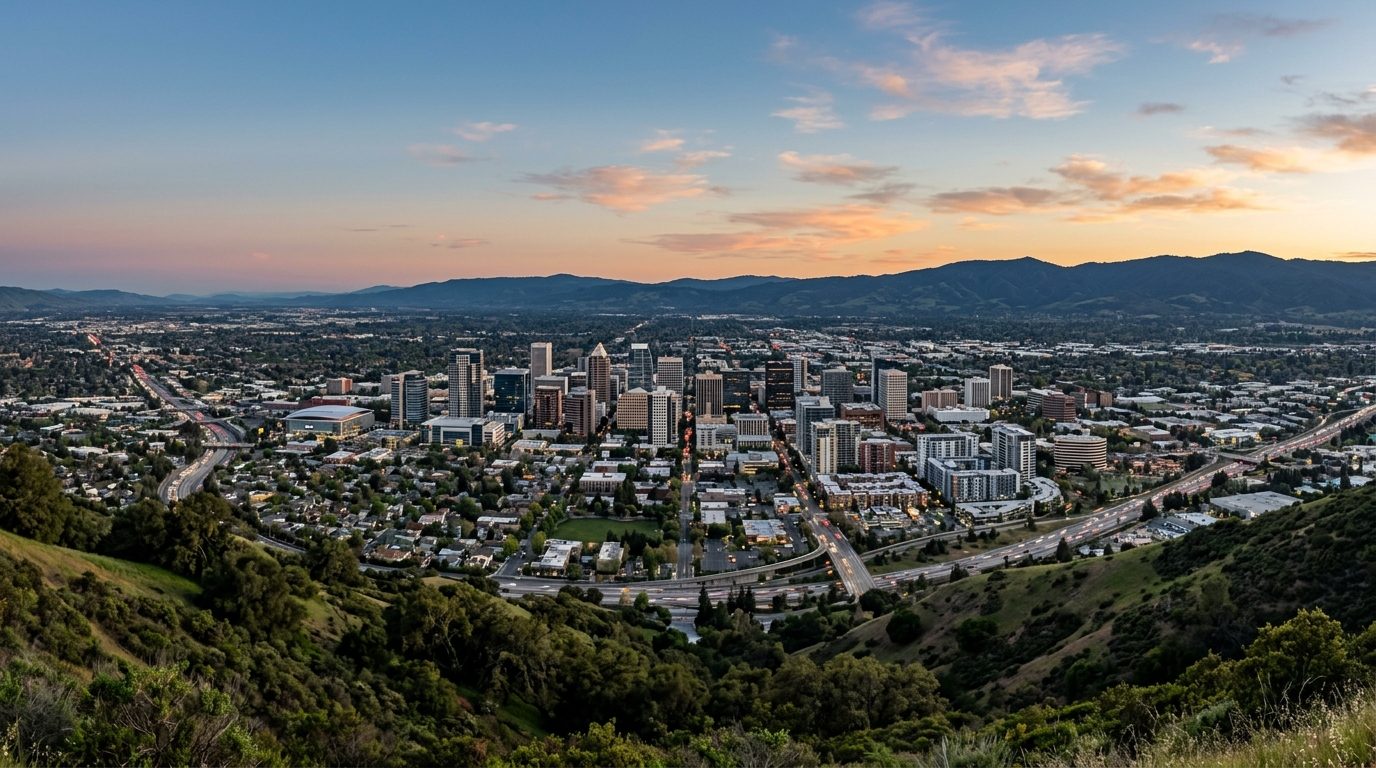 San Jose, CA — A wide photorealistic panorama of downtown San Jose and the Santa Clara Valley framed by surrounding hills in clear even