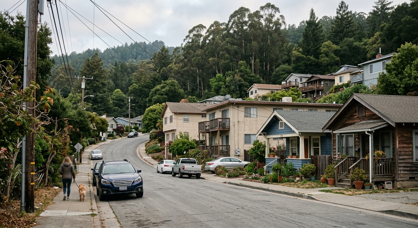 A residential hillside street in Santa Cruz, California lined with homes under soft coastal morning light.