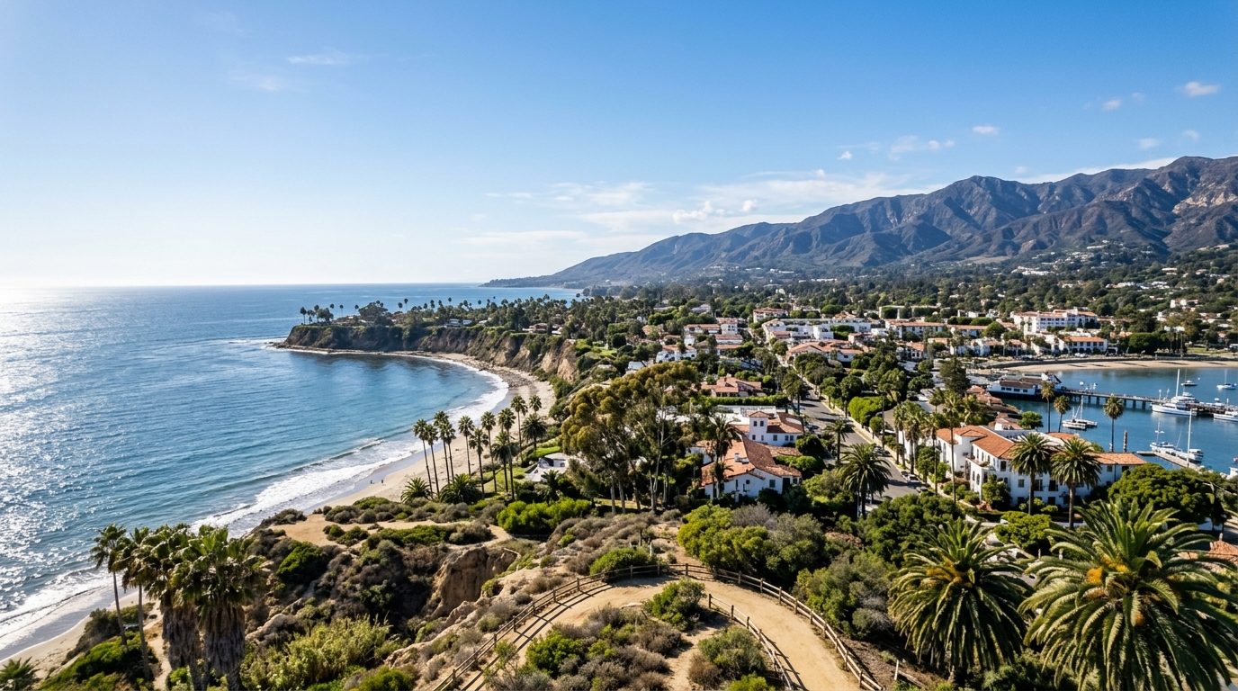 Santa Maria, CA — Santa Barbara, California coastline with palm-lined bluffs above the Pacific Ocean and the Santa Ynez