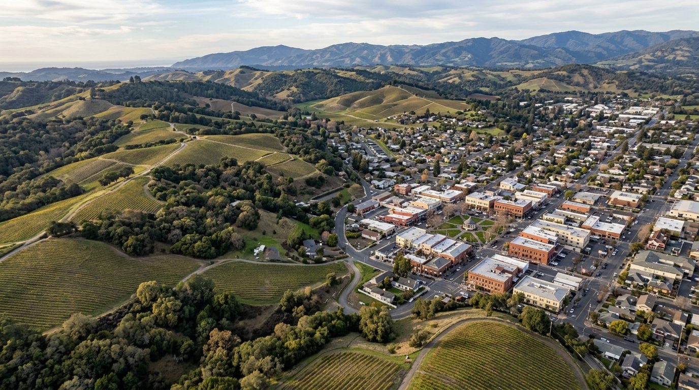 Santa Rosa, CA — Rolling Sonoma County vineyard hills and oak woodlands giving way to a small city grid with a historic