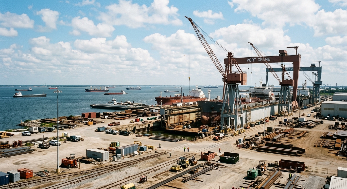 A coastal port site with cranes and open industrial land under a clear sky, representing a large shipyard development.