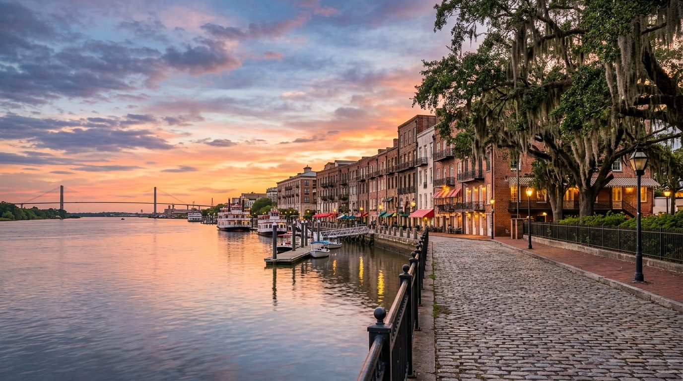 Savannah, GA — Savannah, Georgia's historic riverfront with oak-lined squares draped in Spanish moss and antebellum-era