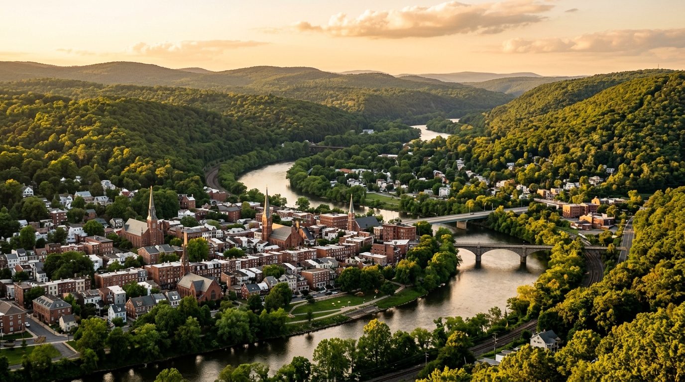 Scranton, PA — Forested river valley at with a small Pennsylvania city of brick rowhouses and church steeples nestled along