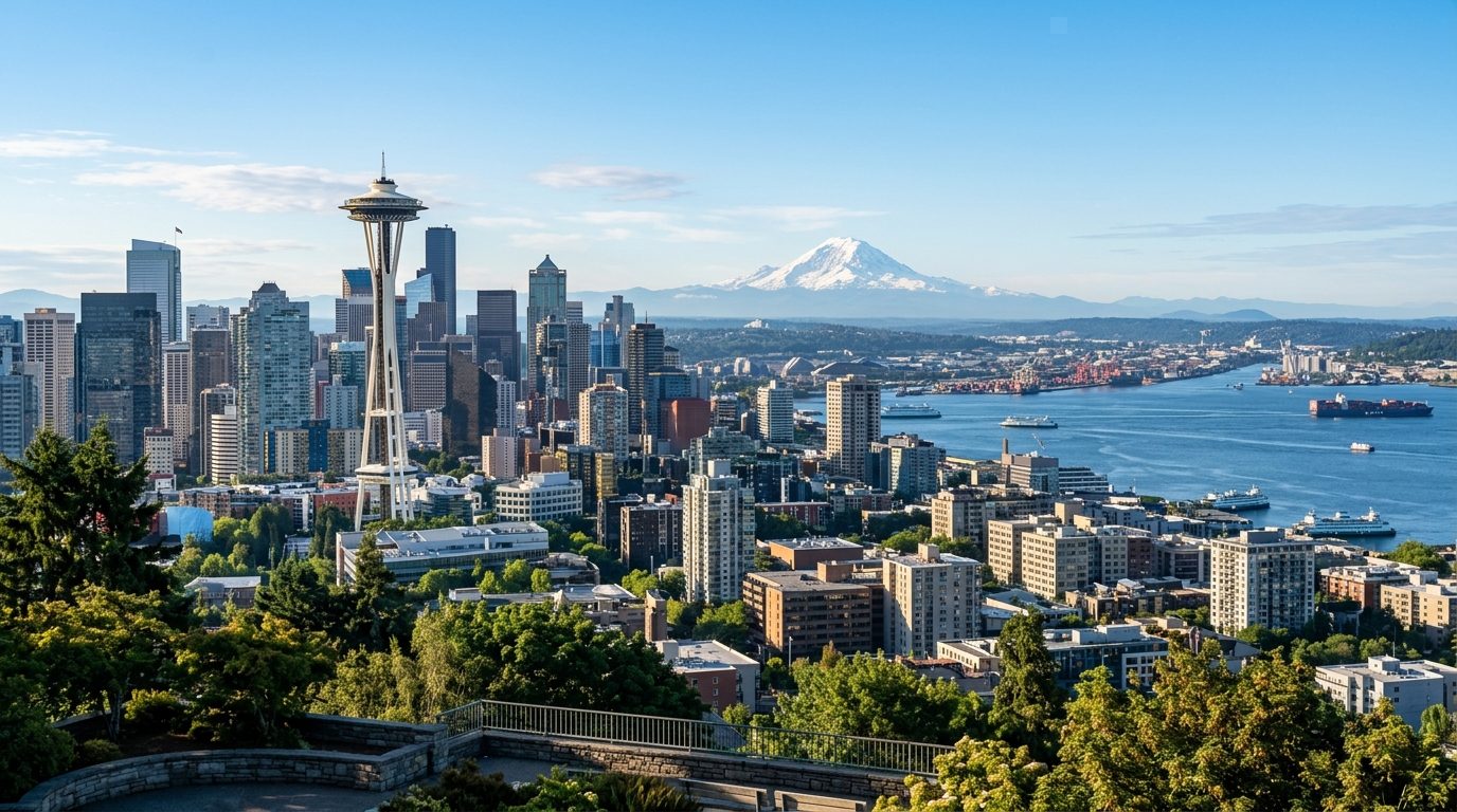 Seattle, WA — A wide photorealistic panorama of the Seattle skyline, Puget Sound and Mount Rainier beneath clear morning light, with n