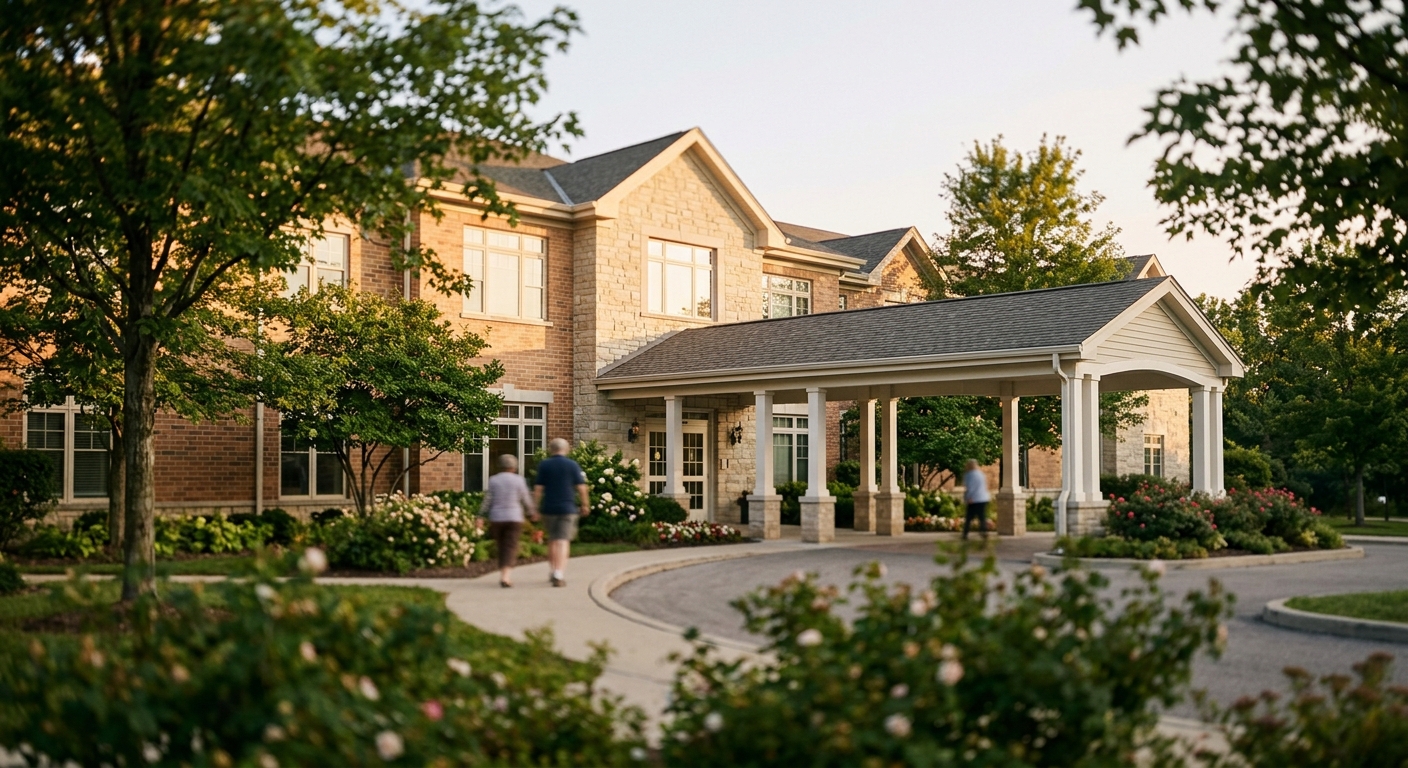 Exterior of a landscaped assisted living residential community building in daylight.