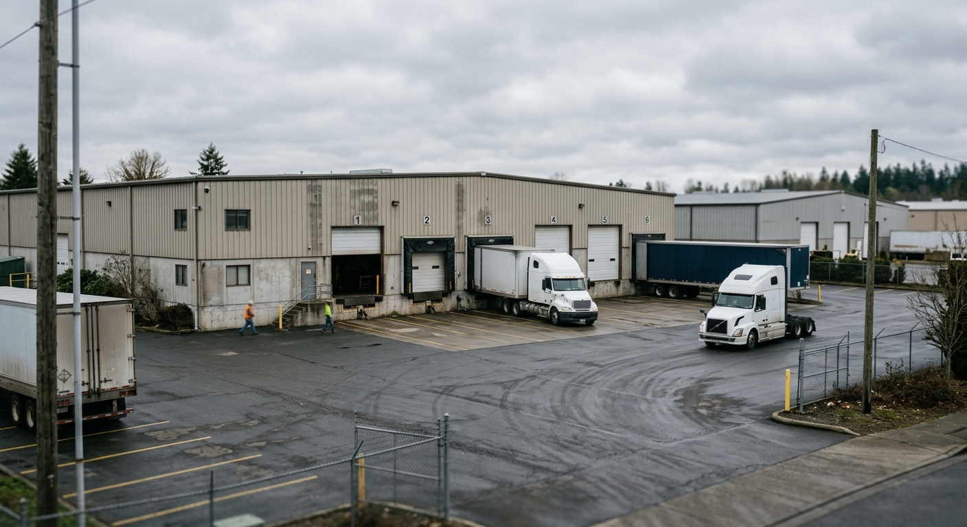 A light industrial warehouse park with multiple loading docks and a paved truck court.