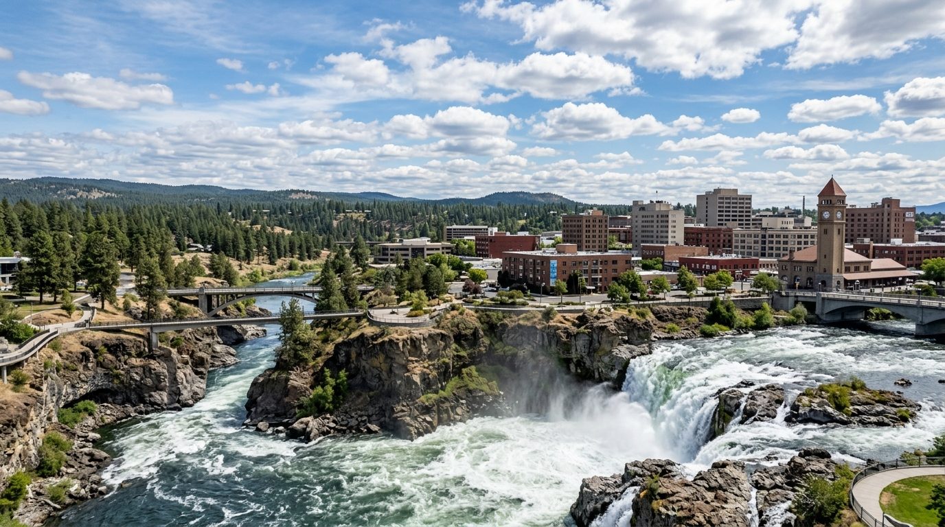 Spokane, WA — Spokane River tumbling over falls beside a downtown skyline of mid-rise buildings