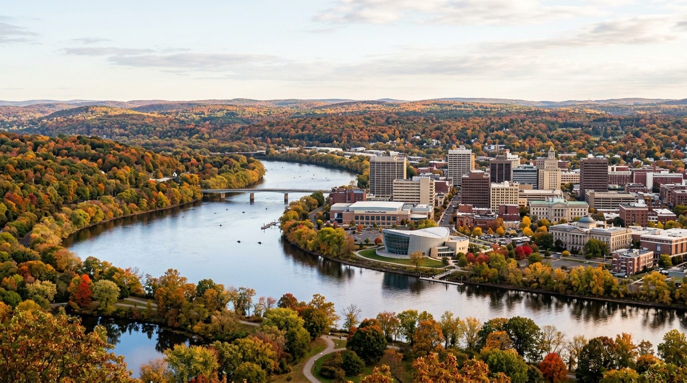 Springfield, MA — Connecticut River winding past the Springfield, Massachusetts skyline with New England hills and autumn